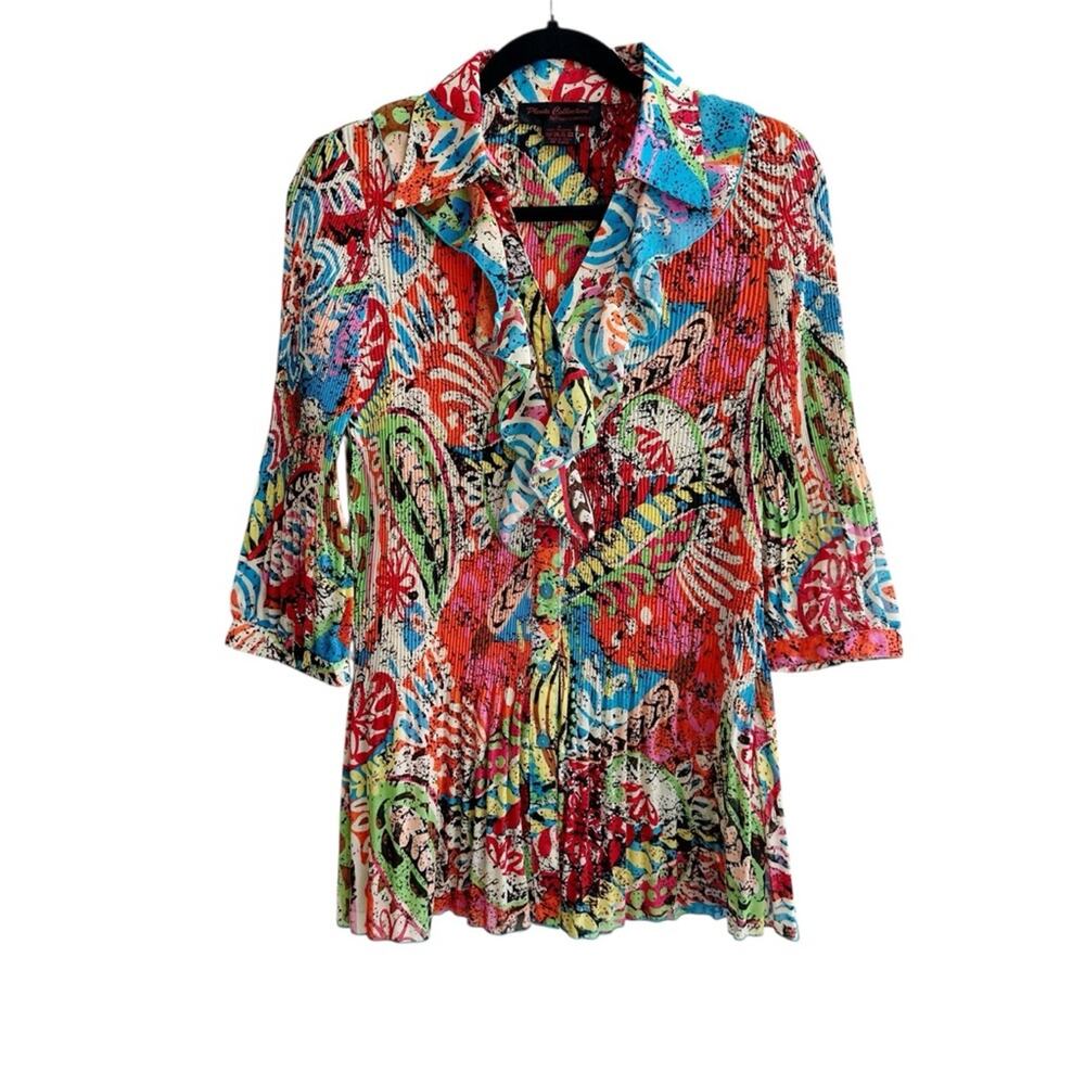 Pleats Collection Funky 70s Retro Colorful Pleated Tunic Blouse Size Small